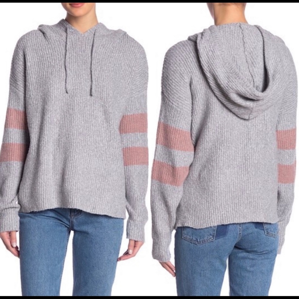John + Jenn Varsity Stripe Hooded Sweater Gray Hint of Pink